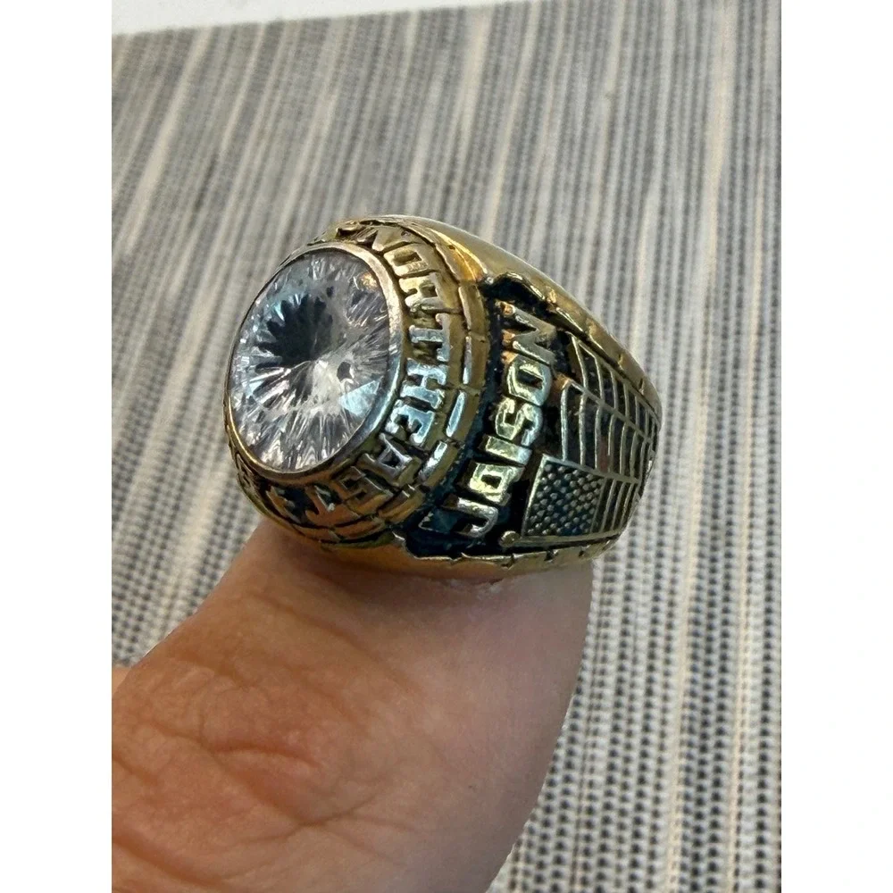 Jostens 2013 High School Class Ring Gold Tone Clear Stone Flag Race Car Jaison